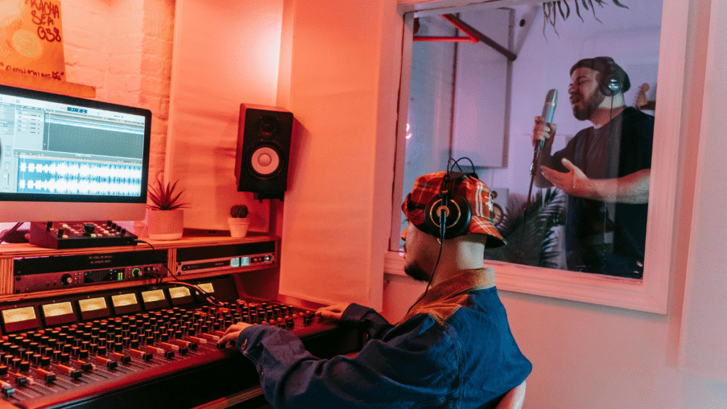 Music producer recording vocals