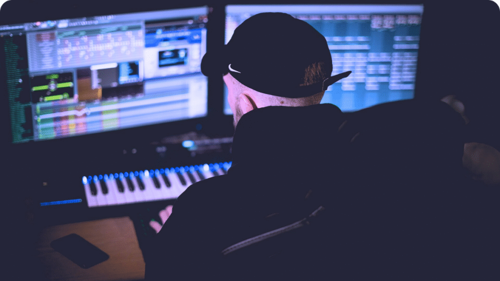 A man working on music production software