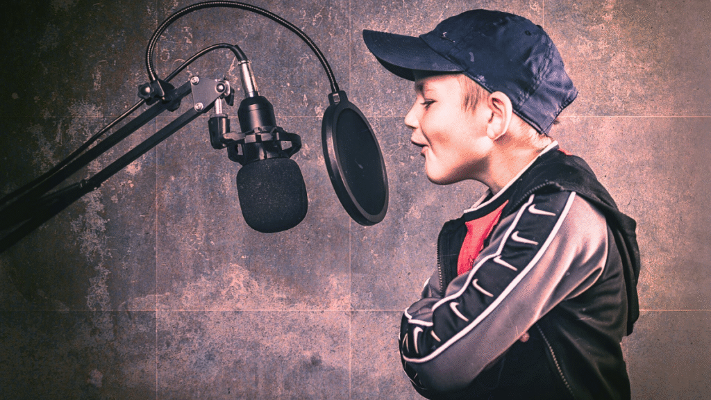 A kid is singing a song through this pop filter