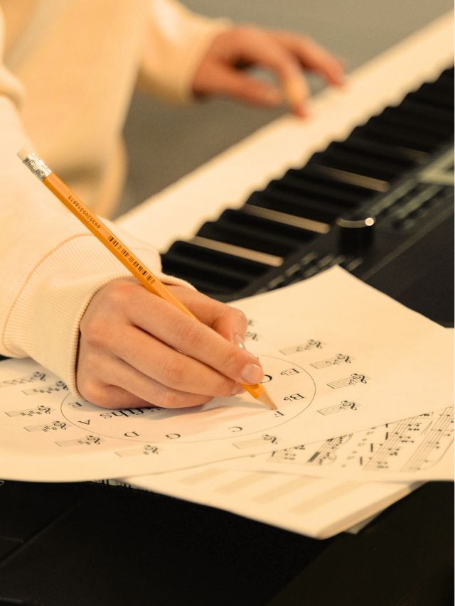 Music theory sheet and piano keys